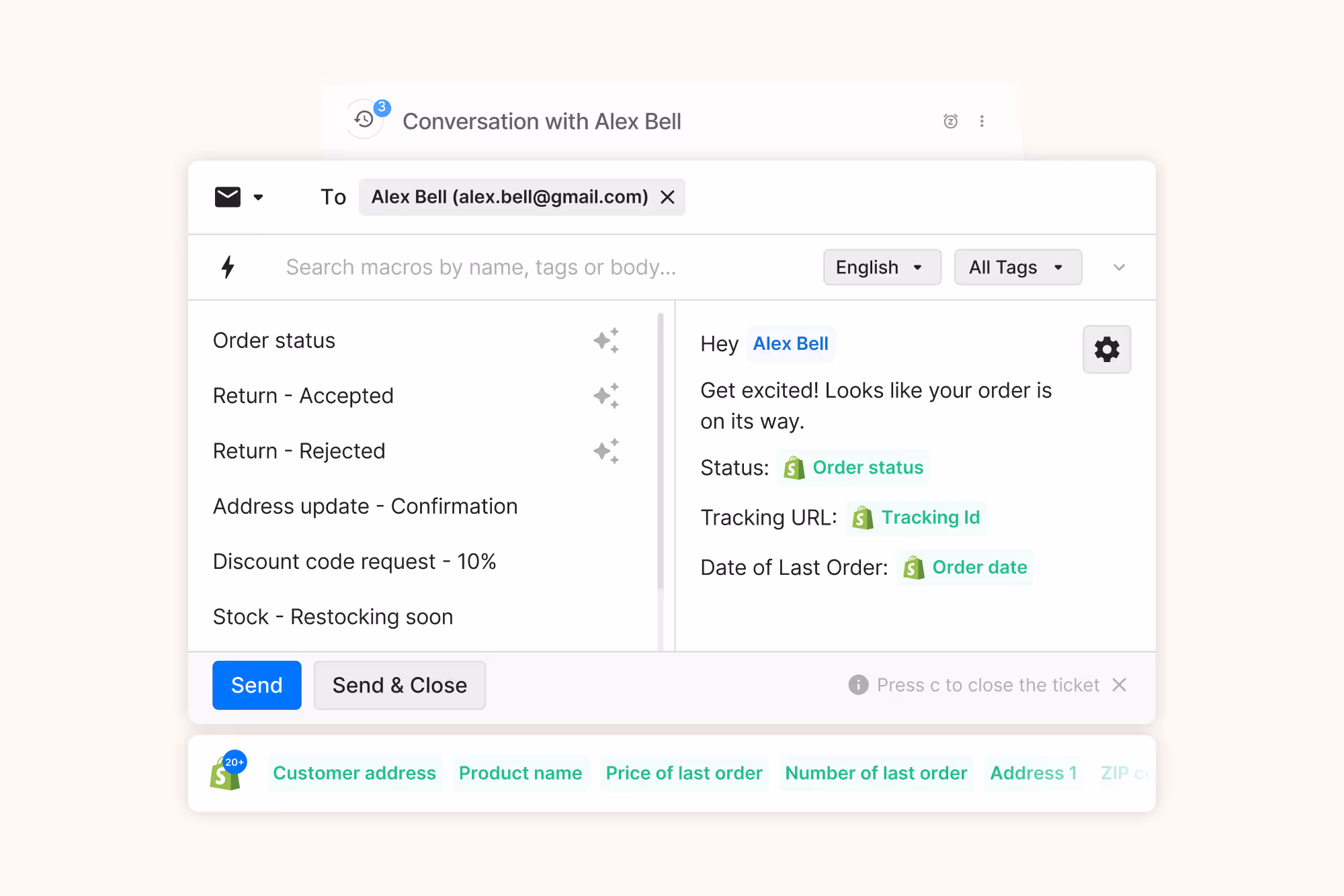 Gorgias macro reply inserting Shopify order status, tracking URL, and order date variables into a customer email