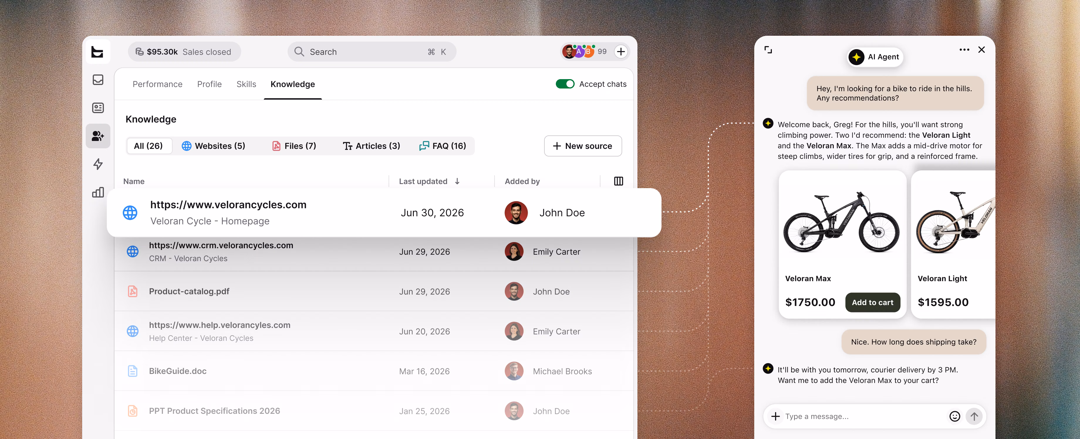 Text AI Agent knowledge base with website, file, and article sources powering a bike recommendation chat