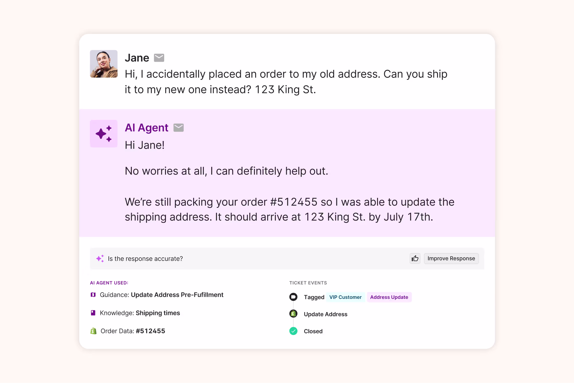 Gorgias macro panel inserting Shopify order status and tracking URL into a customer email reply