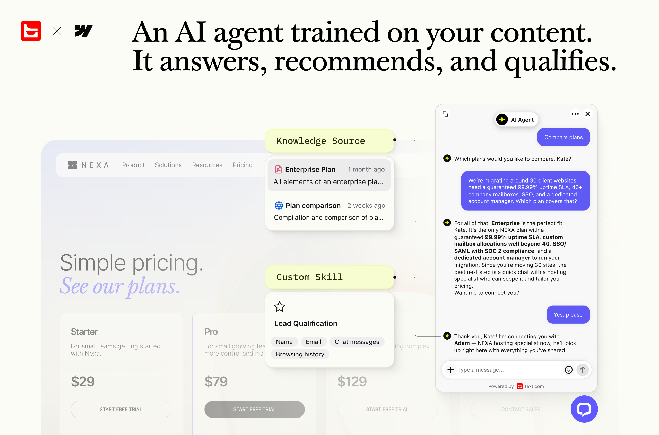 Text AI agent for Webflow comparing pricing plans, recommending Enterprise based on uptime and SSO needs, then qualifying and handing off the lead to a sales specialist.