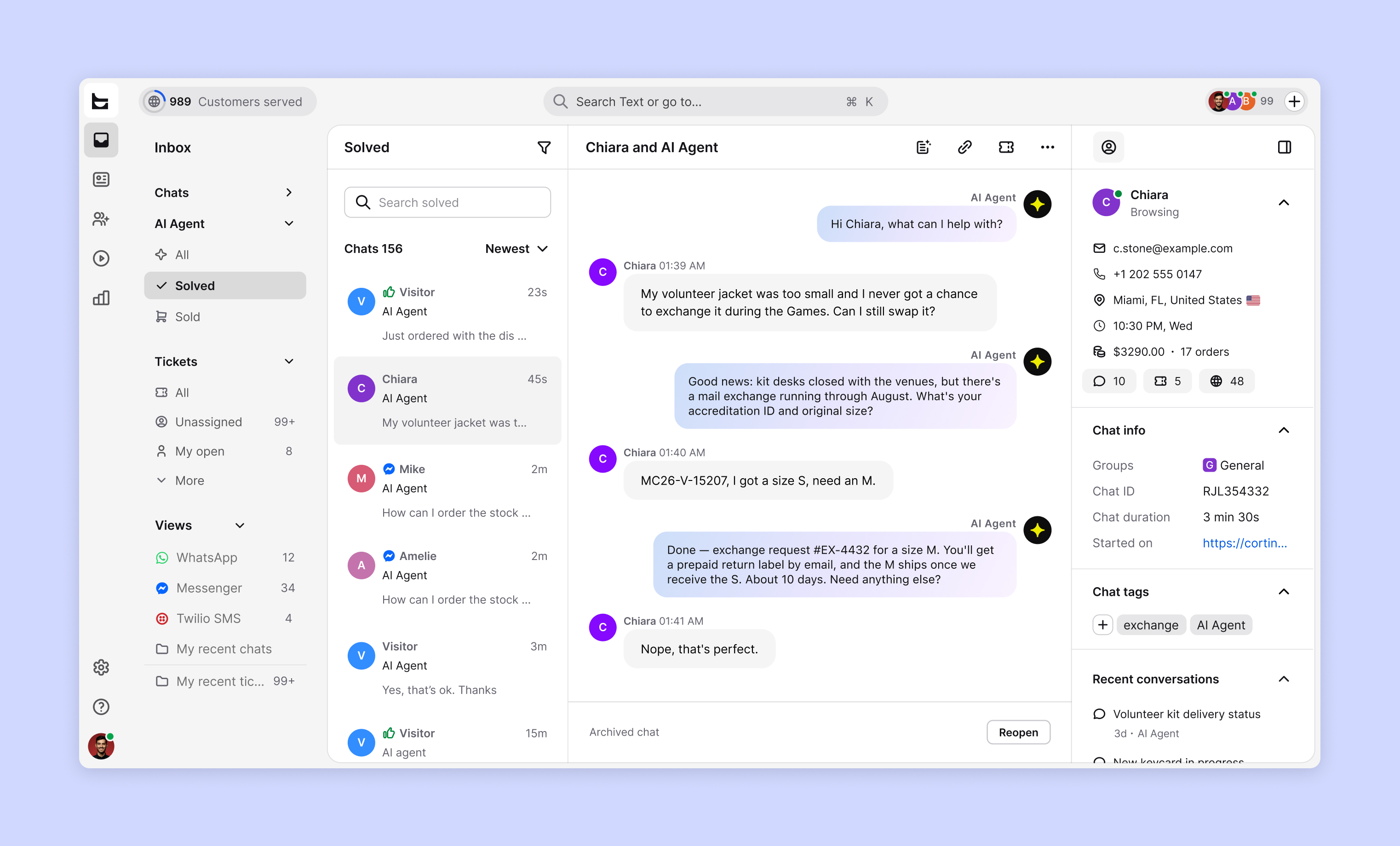 Text inbox interface showing an AI Agent conversation with a Milano Cortina 2026 volunteer