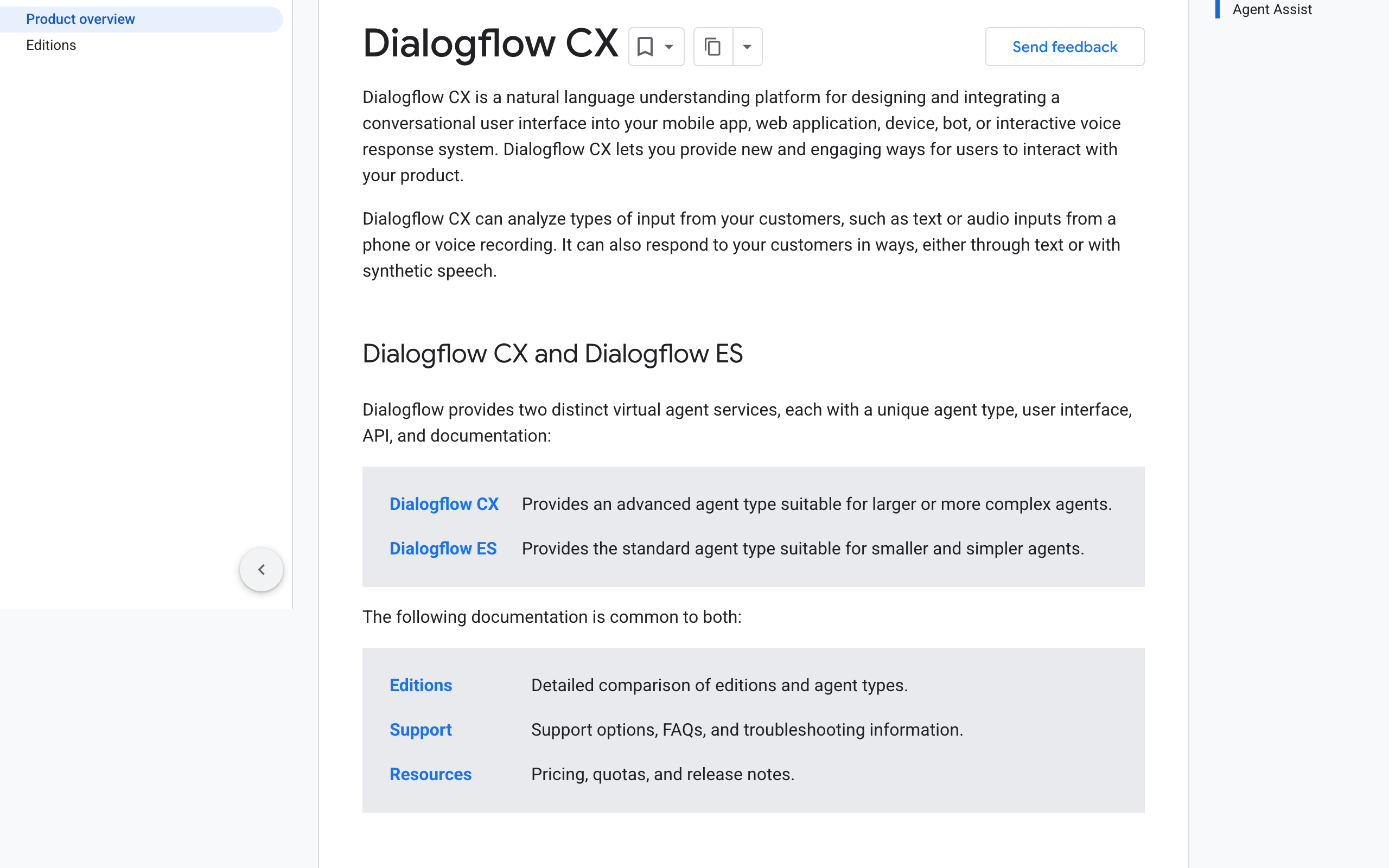 Screenshot of Google Cloud's Dialogflow CX product overview documentation page, showing an introduction to the platform and a comparison table between Dialogflow CX and Dialogflow ES agent types.