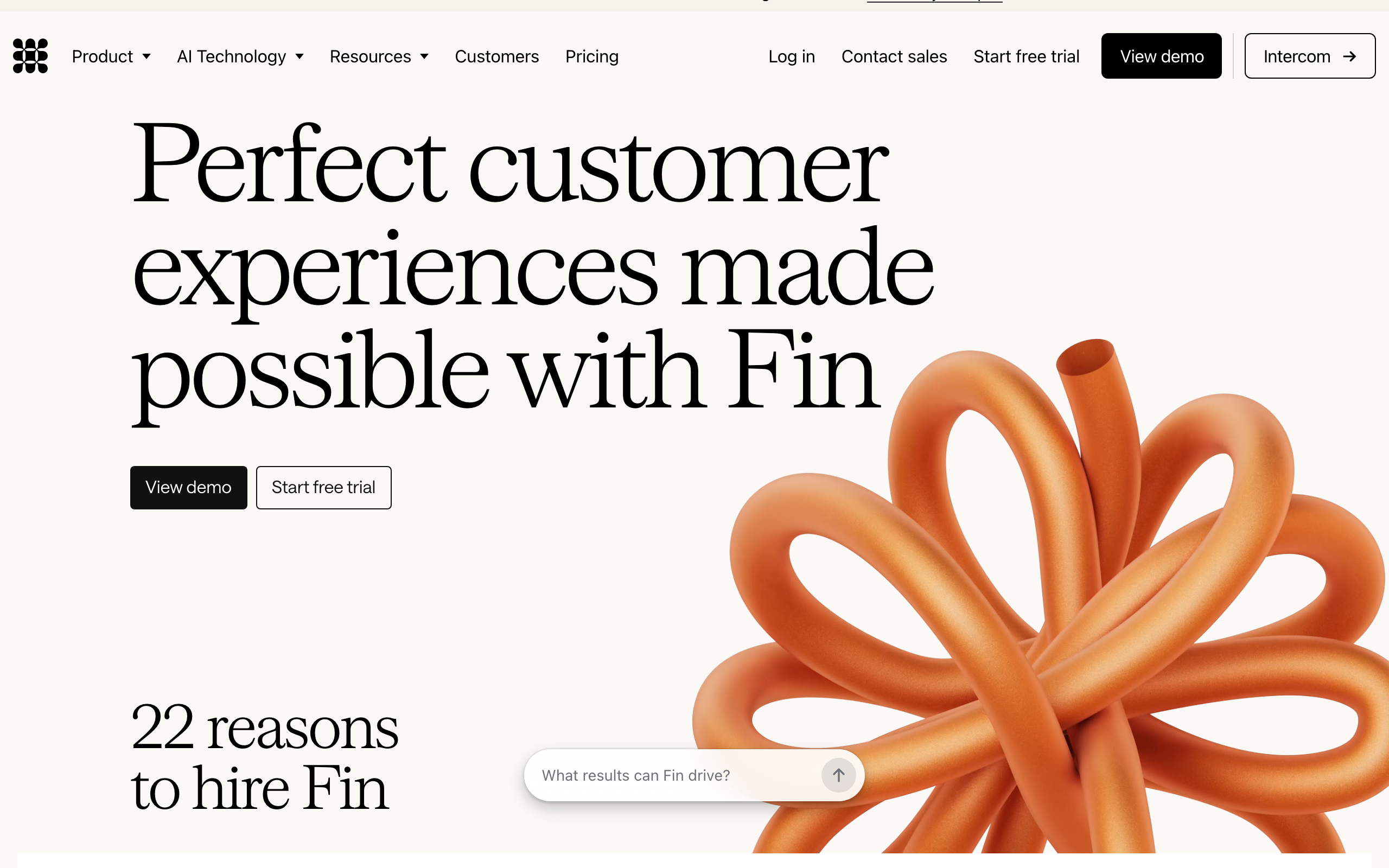 Screenshot of Intercom's homepage hero section for their Fin AI customer agent, featuring the headline "Perfect customer experiences made possible with Fin," a stylized orange ribbon graphic, and a search prompt asking "What results can Fin drive?"