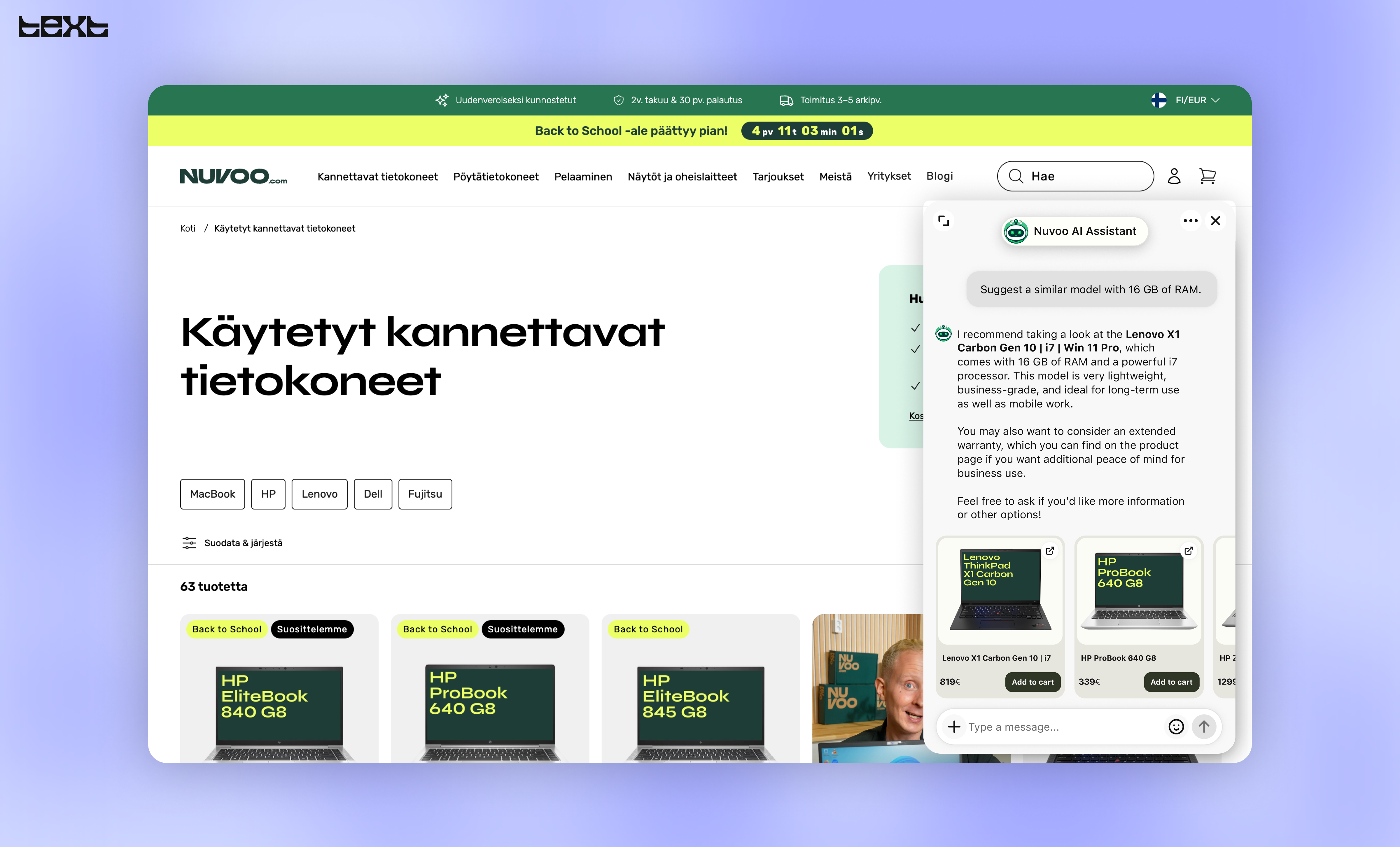 Nuvoo’s website with the Text Chat Widget and AI Agent helping turn customer conversations into sales.