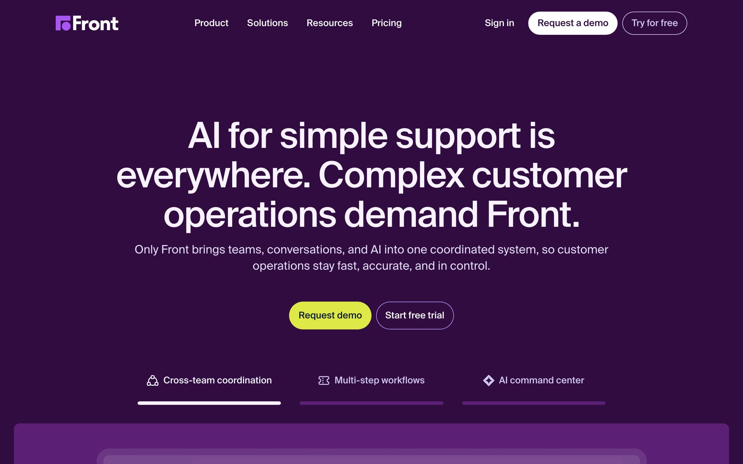 Front homepage with a dark purple hero section promoting its AI customer service platform, featuring navigation links, request demo and free trial buttons, and a headline about simple support and complex customer operations.