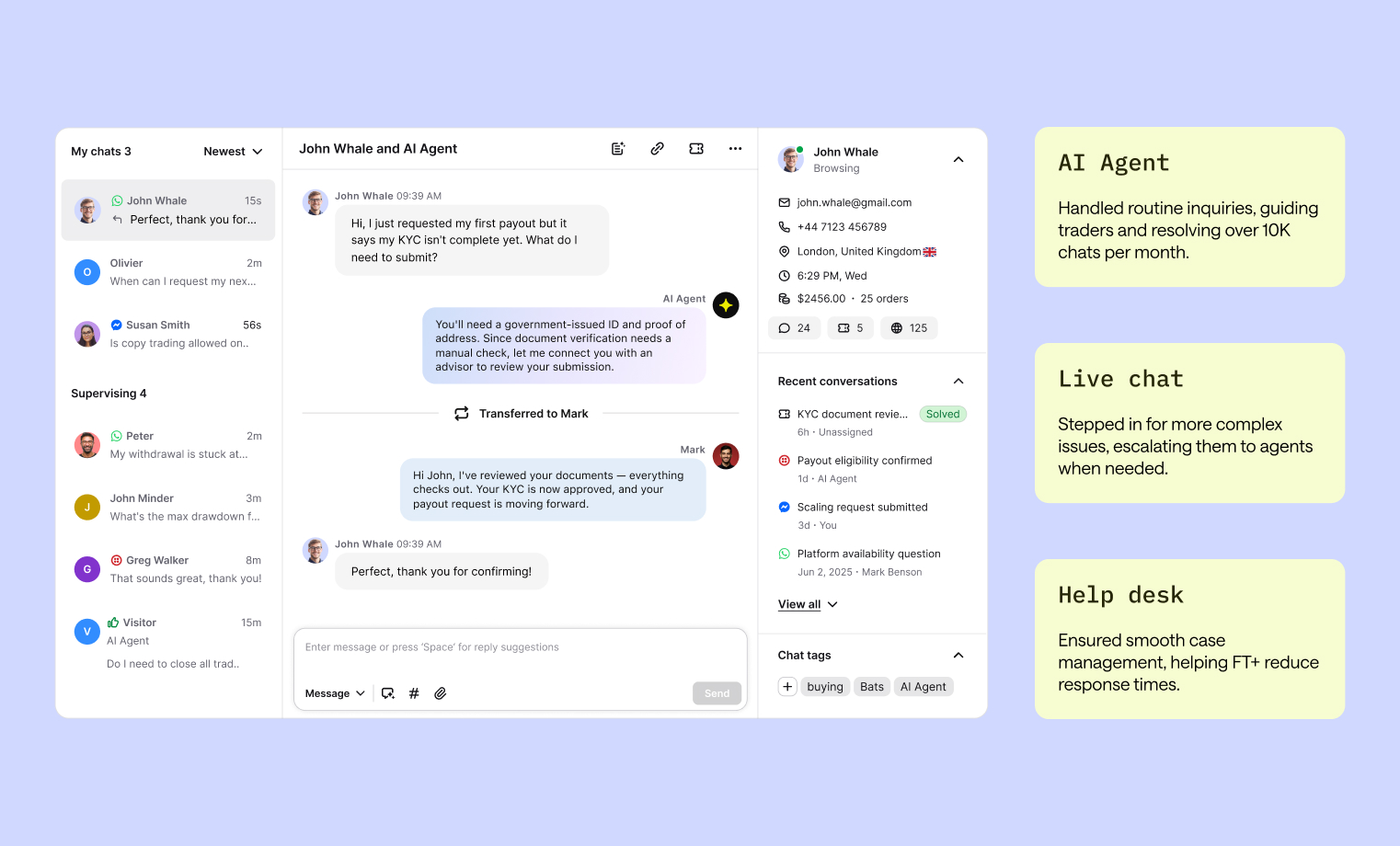 Text's support platform dashboard showing an AI Agent resolving a customer's KYC verification question