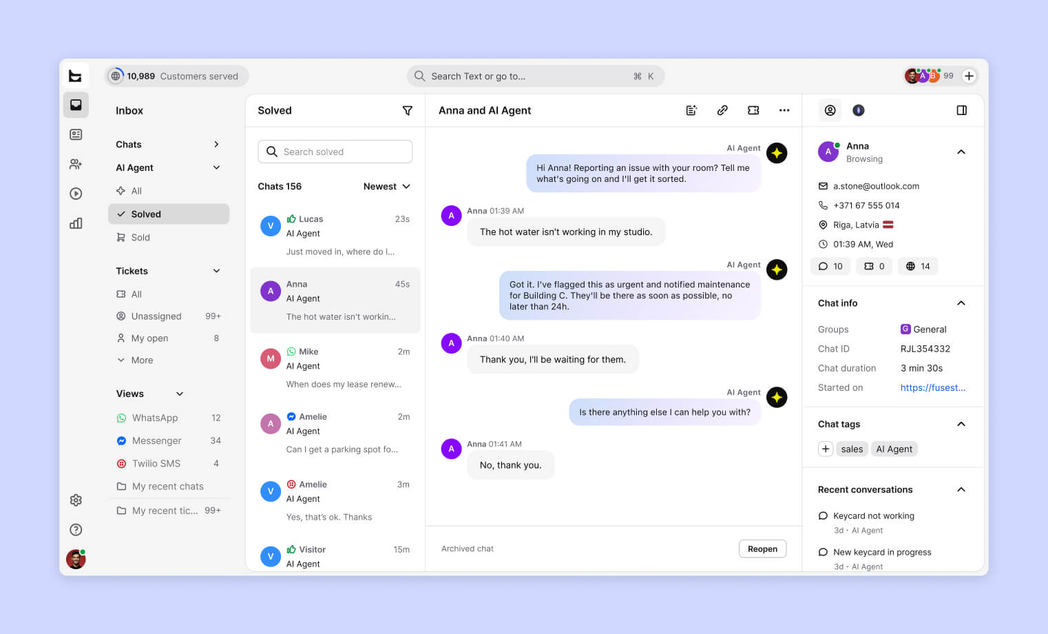 Text's support inbox showing AI Agent resolving a tenant's hot water maintenance issue in real time