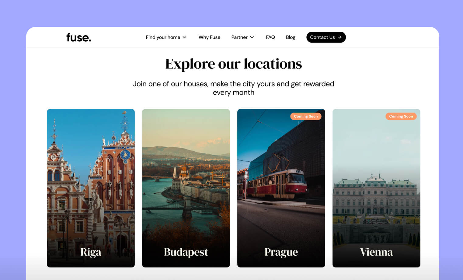Fuse page showing student housing cities