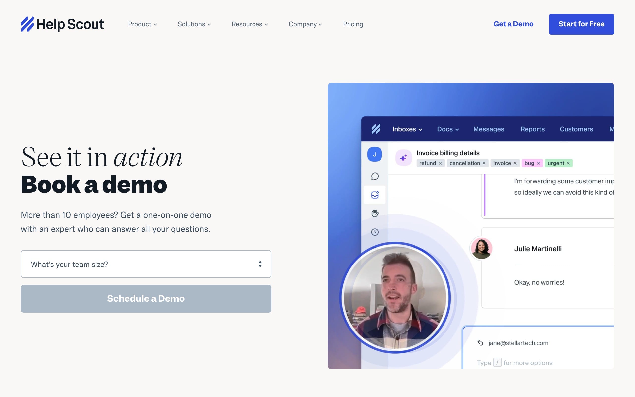 Help Scout Get a Demo landing page with a Book a demo form, team size dropdown, Schedule a Demo button, and a product interface preview on the right.