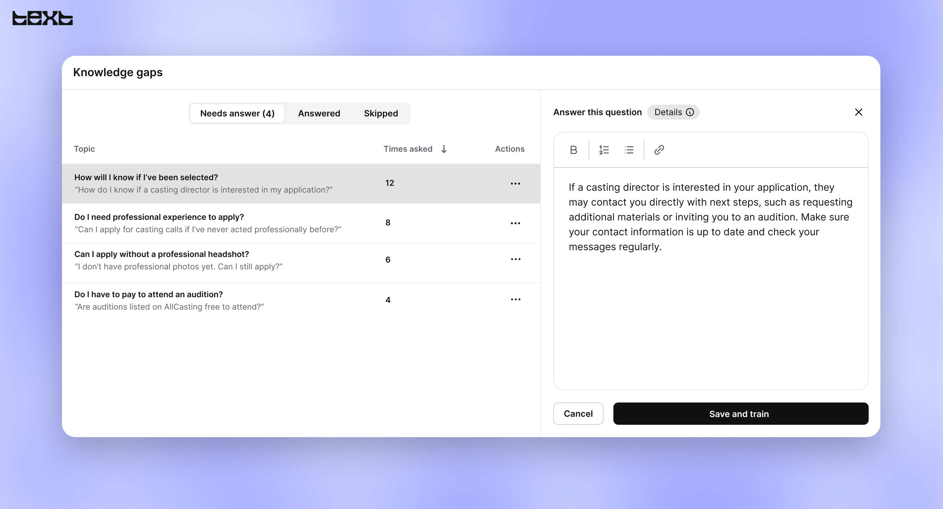 Identifying and fixing knowledge gaps in Text AI Agent