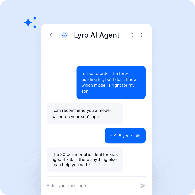 A screenshot of a conversation run by an by Lyro AI Agent.