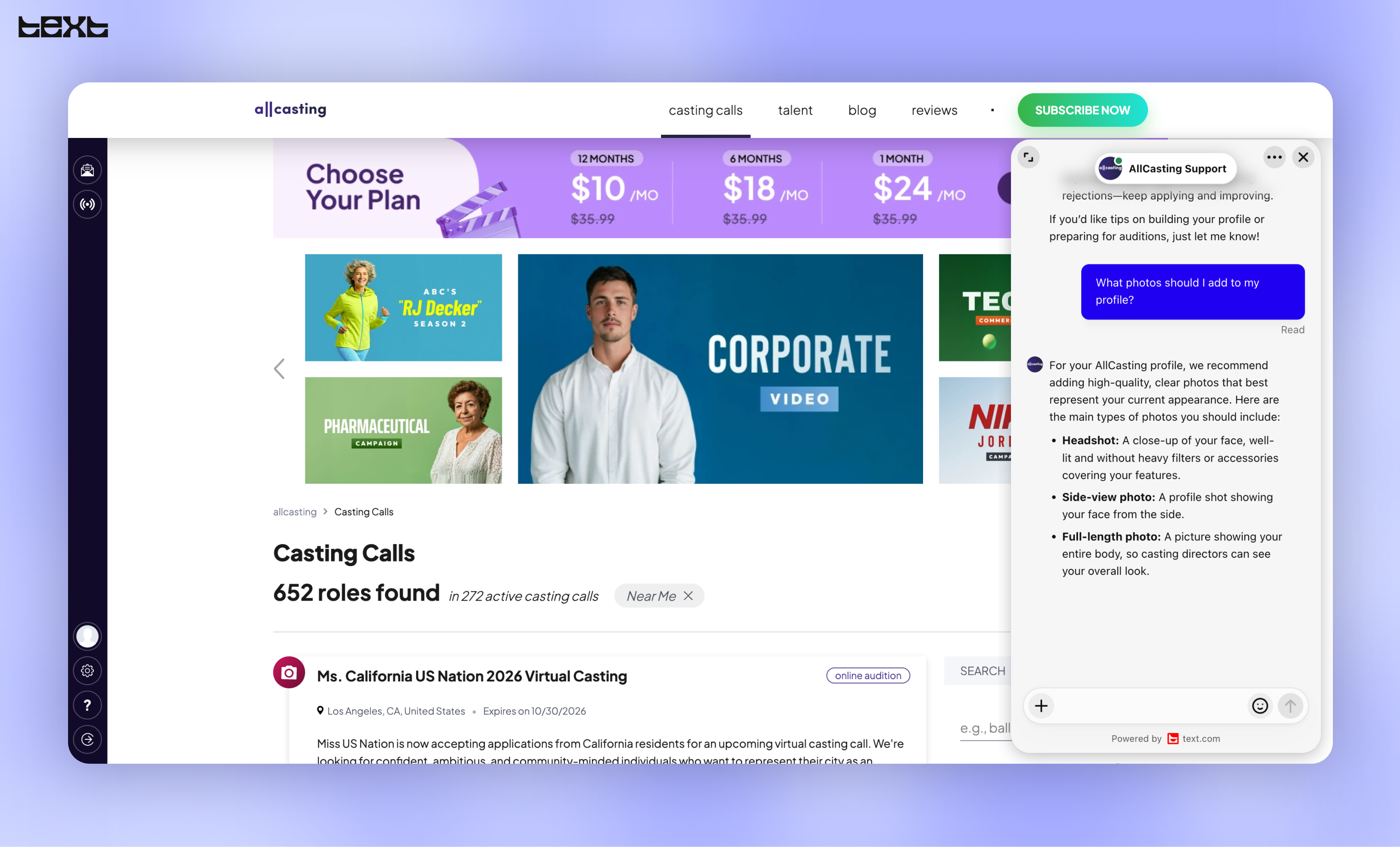 Text’s AI Agent on AllCasting’s website