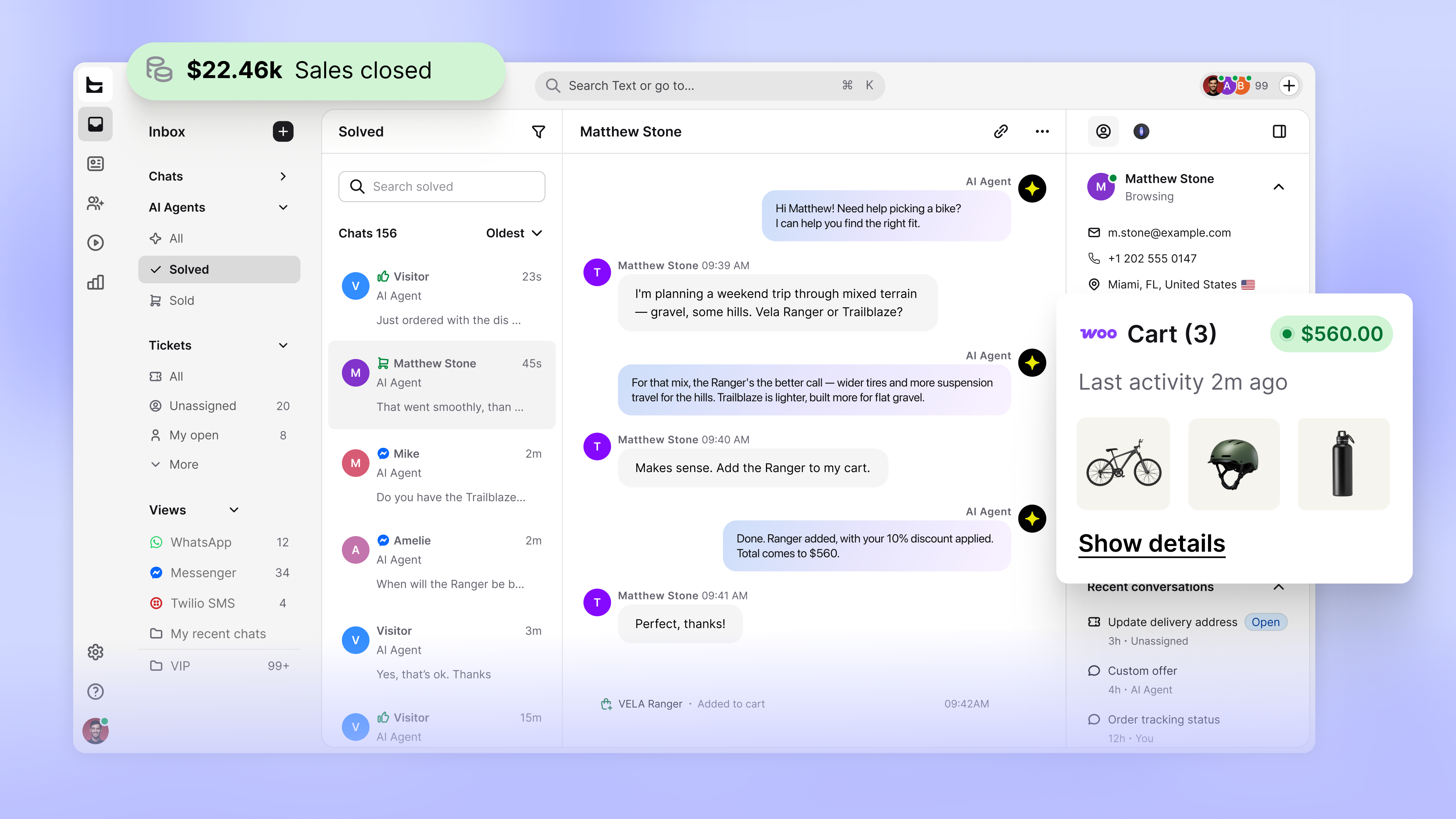 Text inbox showing an AI Agent chat with a customer, alongside a live WooCommerce cart preview with 3 items and $560 total, synced through WordPress.