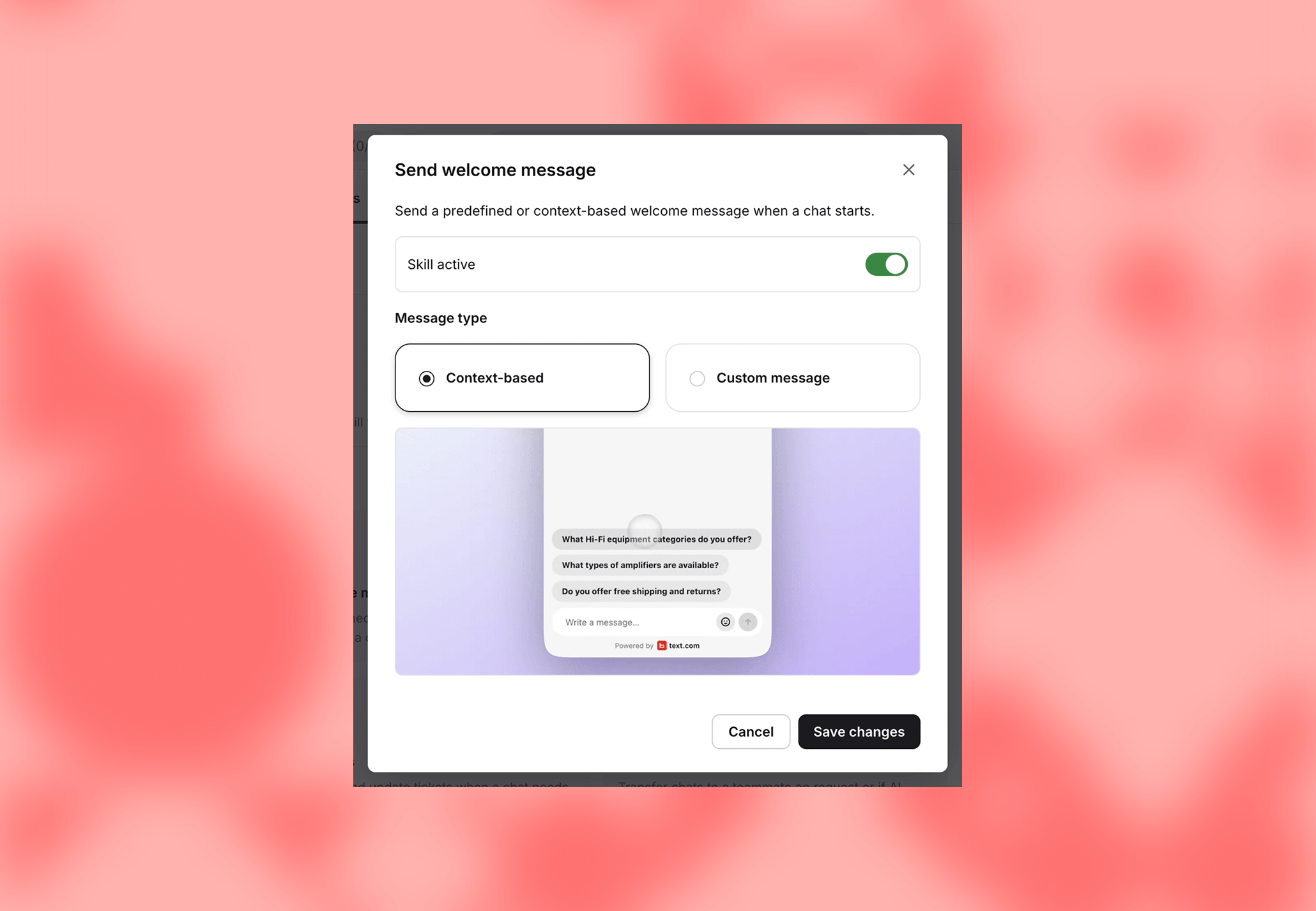 The chat widget now suggests questions based on the visitor's current page