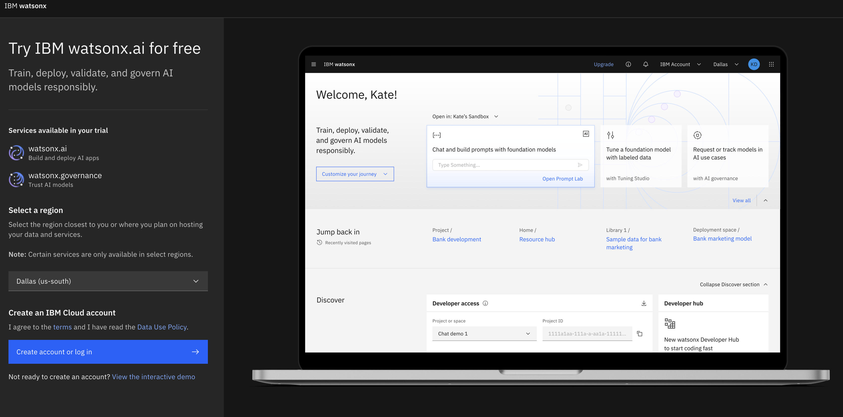 Screenshot of the IBM watsonx.ai dashboard, showing the "Welcome, Kate!" home screen with a chat/prompt-building panel for foundation models, quick links to recent projects, and a developer access section with project and API details.