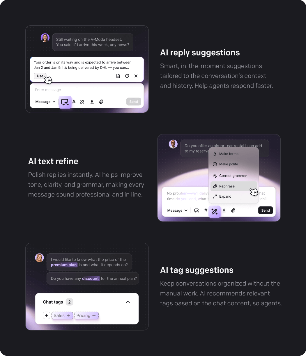 Text AI features that support human customer service in servicing complex cases