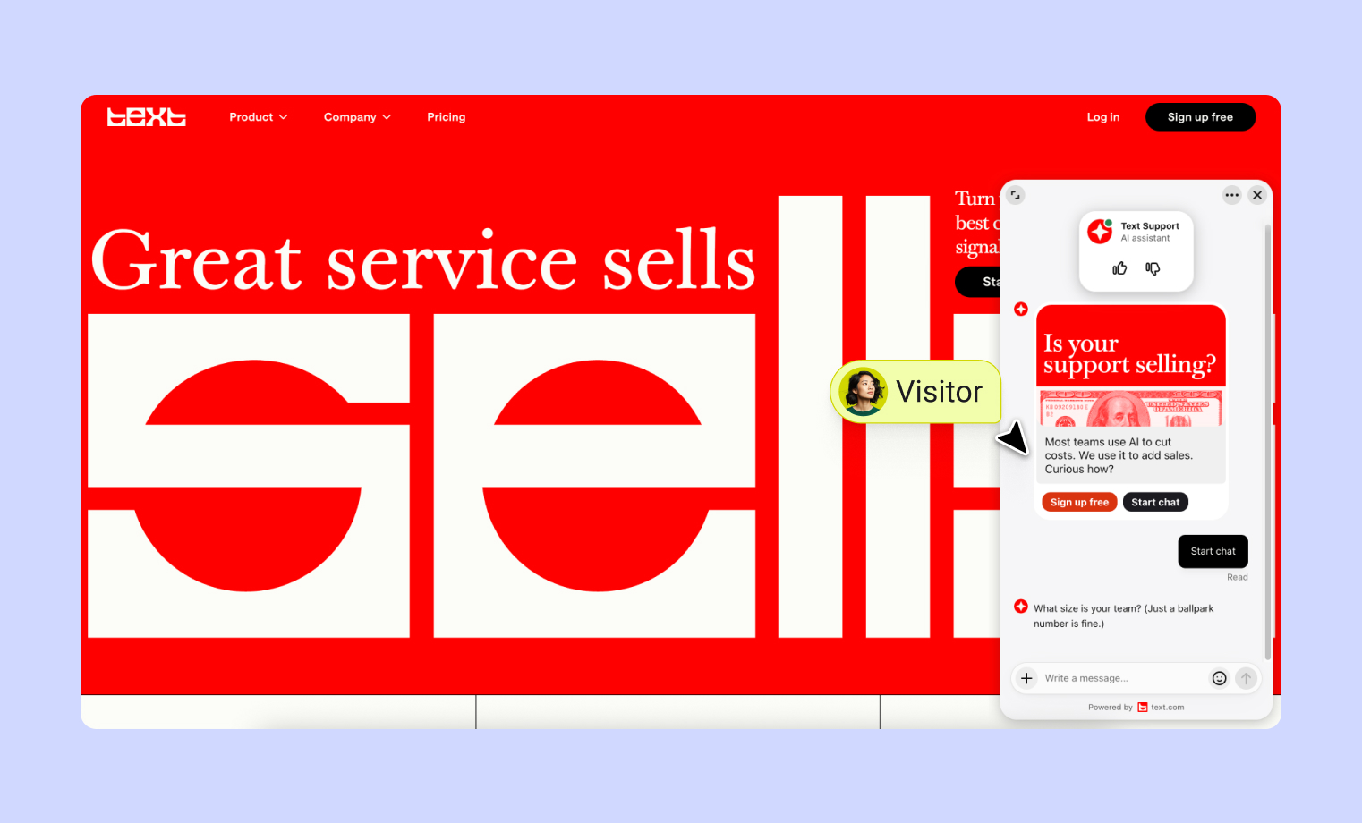 Text.com homepage with an AI Support chat widget engaging a website visitor about turning support into sales