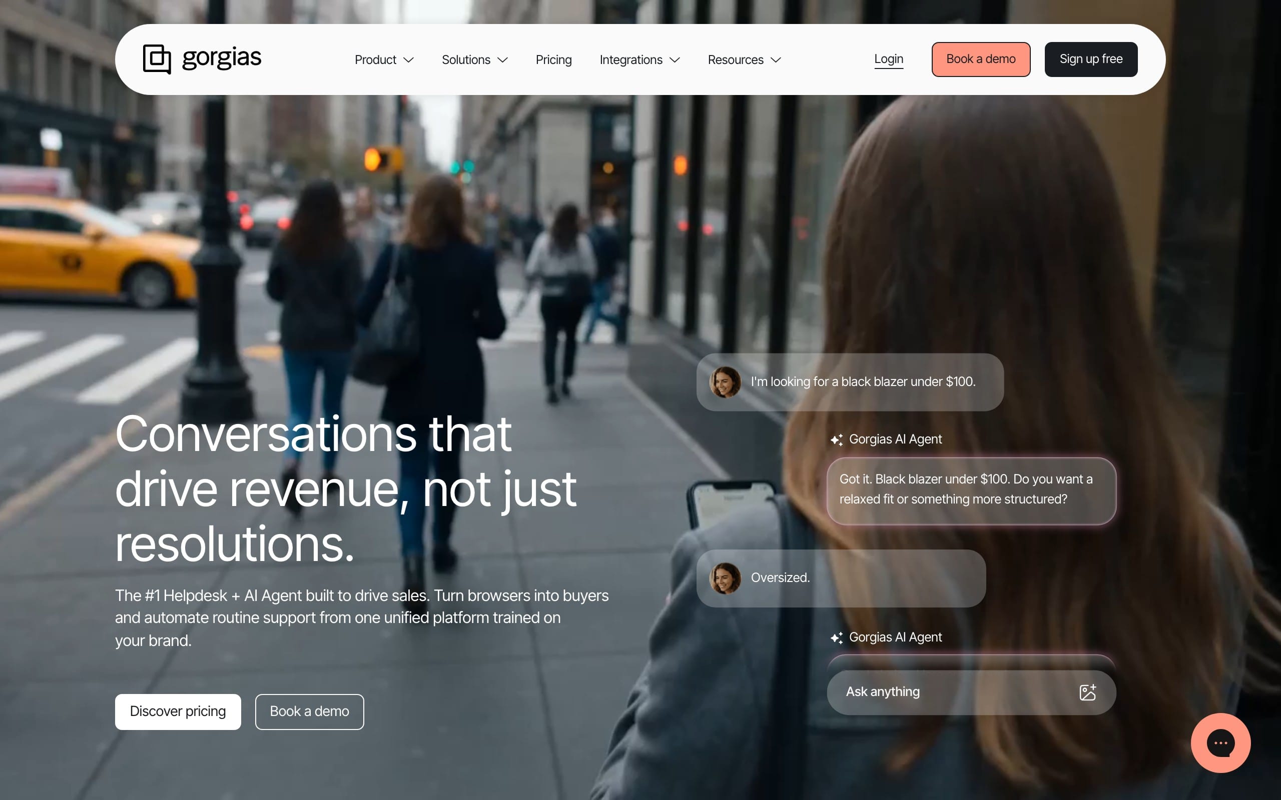 Gorgias homepage hero section showing the conversational AI platform for ecommerce, with a city street background, chat bubbles for Gorgias AI Agent, and call-to-action buttons to discover pricing or book a demo