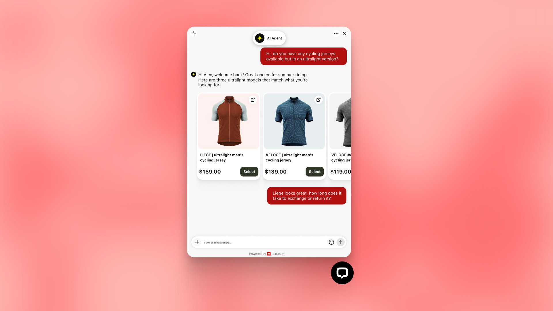 Text chat widget where a shopper asks for ultralight cycling jerseys and the AI Agent replies with three product cards.