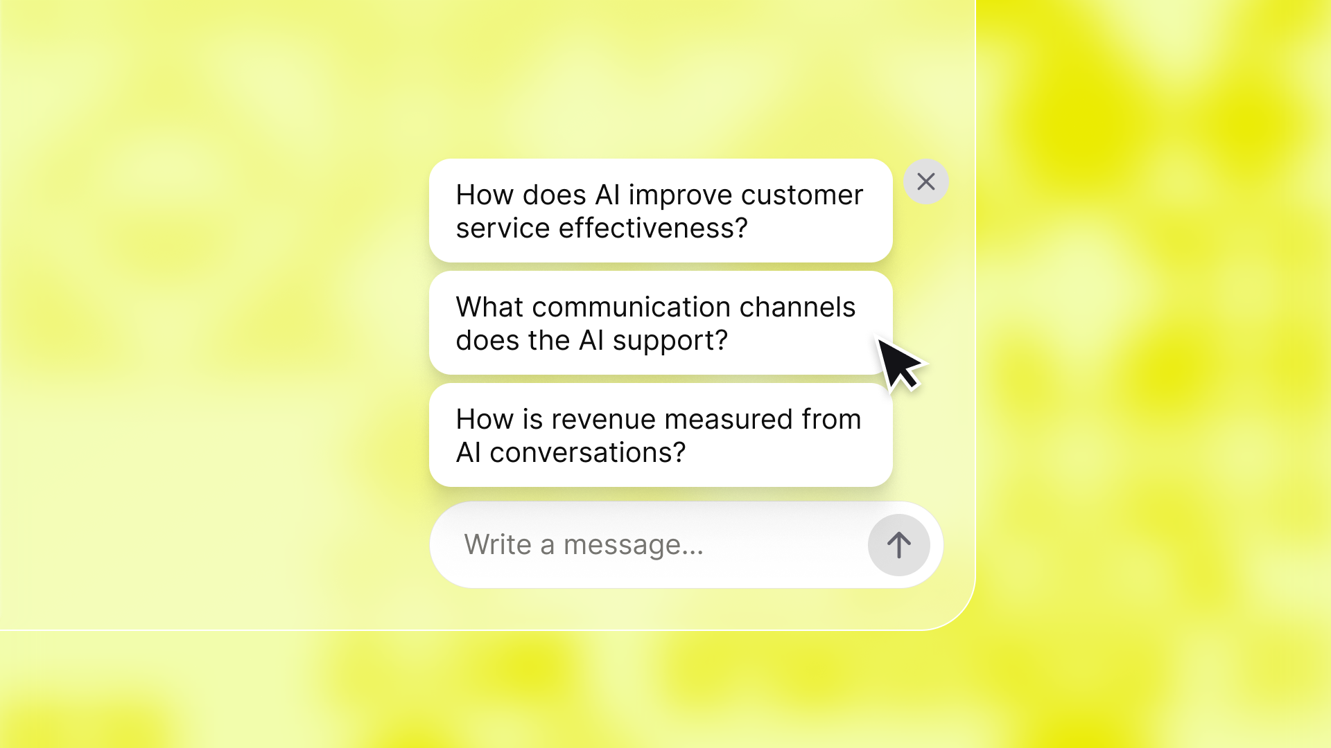 Chat widget displaying AI-generated suggested questions above the message input field.