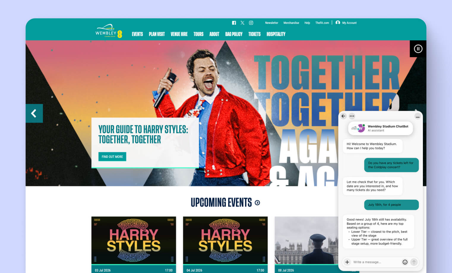 Wembley Stadium website with the Wembley Stadium AI Agent answering a visitor's question