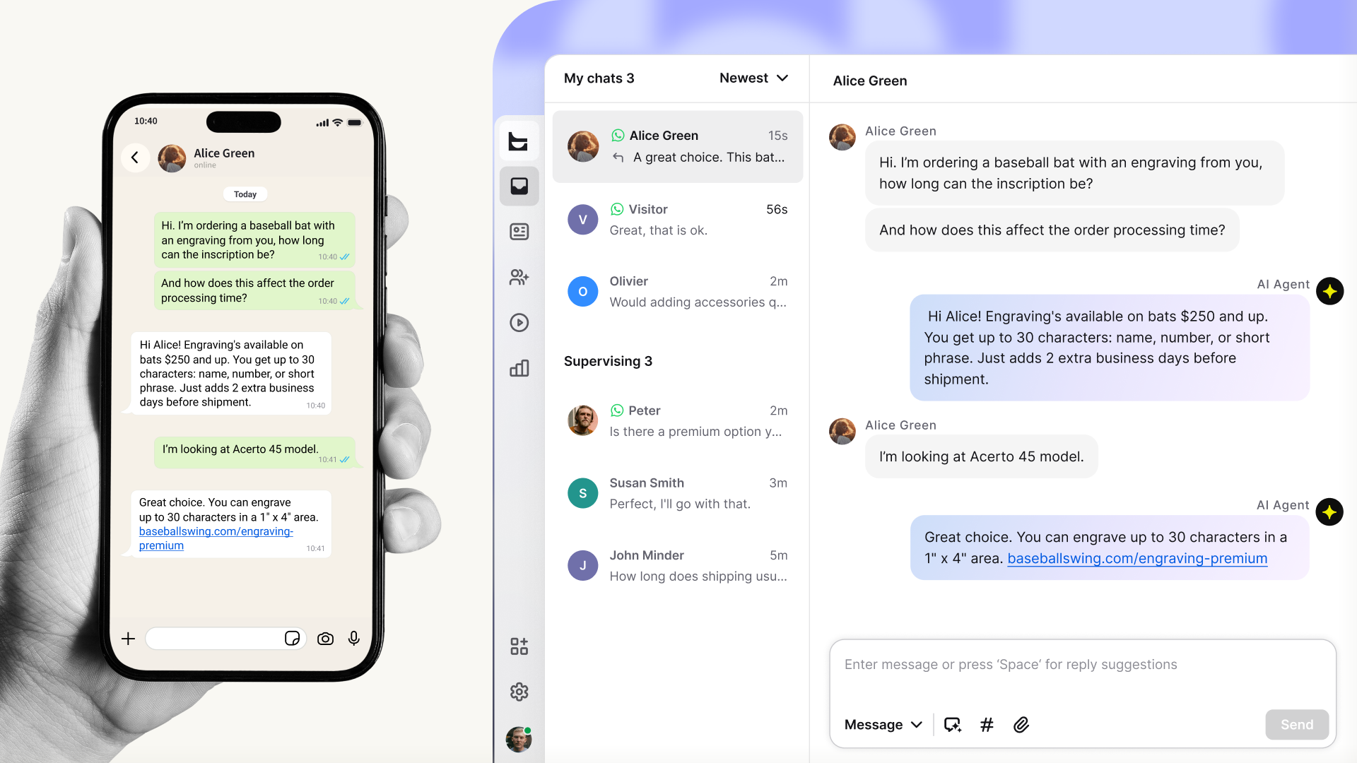 Text inbox showing a WhatsApp conversation with a customer named Alice Green asking about baseball bat engraving, with the AI Agent replying automatically, shown side-by-side with the same conversation on a phone screen.