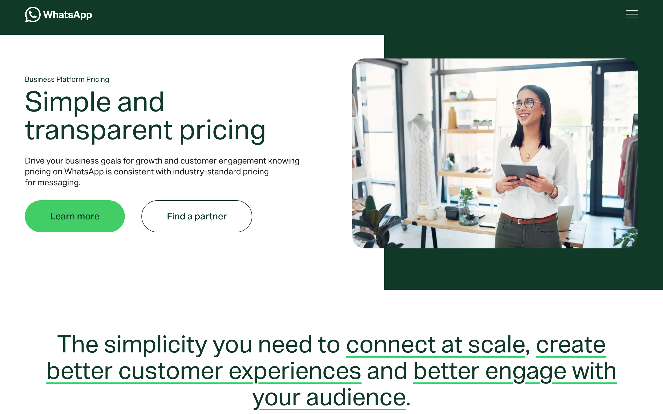 WhatsApp Business Platform pricing page hero section with the headline "Simple and transparent pricing," a photo of a business owner using a tablet in a clothing store, and "Learn more" and "Find a partner" buttons.
