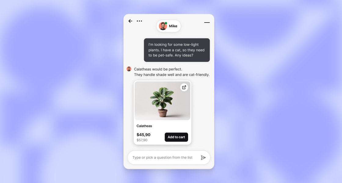 AI Agent recommends a pet-safe calathea plant in a chat widget.