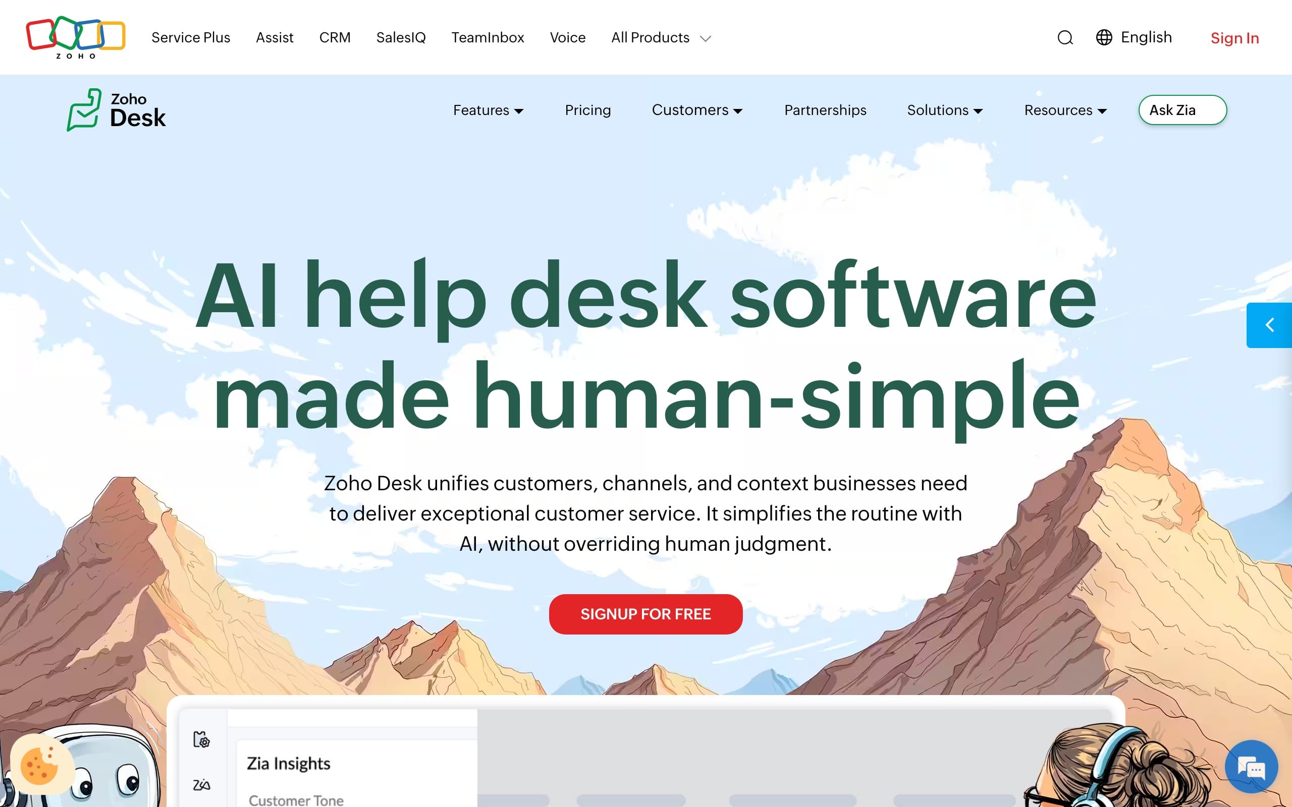 Zoho Desk homepage with a large hero banner reading AI help desk software made human-simple, navigation links, an Ask Zia button, and a Sign up for free call to action.