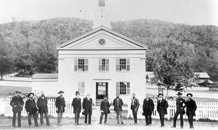 Mariposa County Courthouse with 13 county officials. Taken in the 1880s.