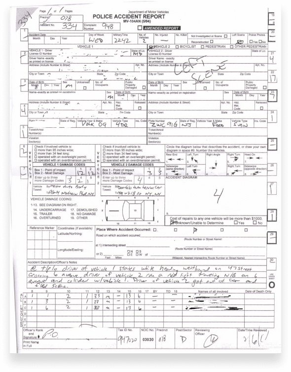 Here is an example of a police report filed for a hit-and-run incident. Note that some areas are filled in, while others are not.