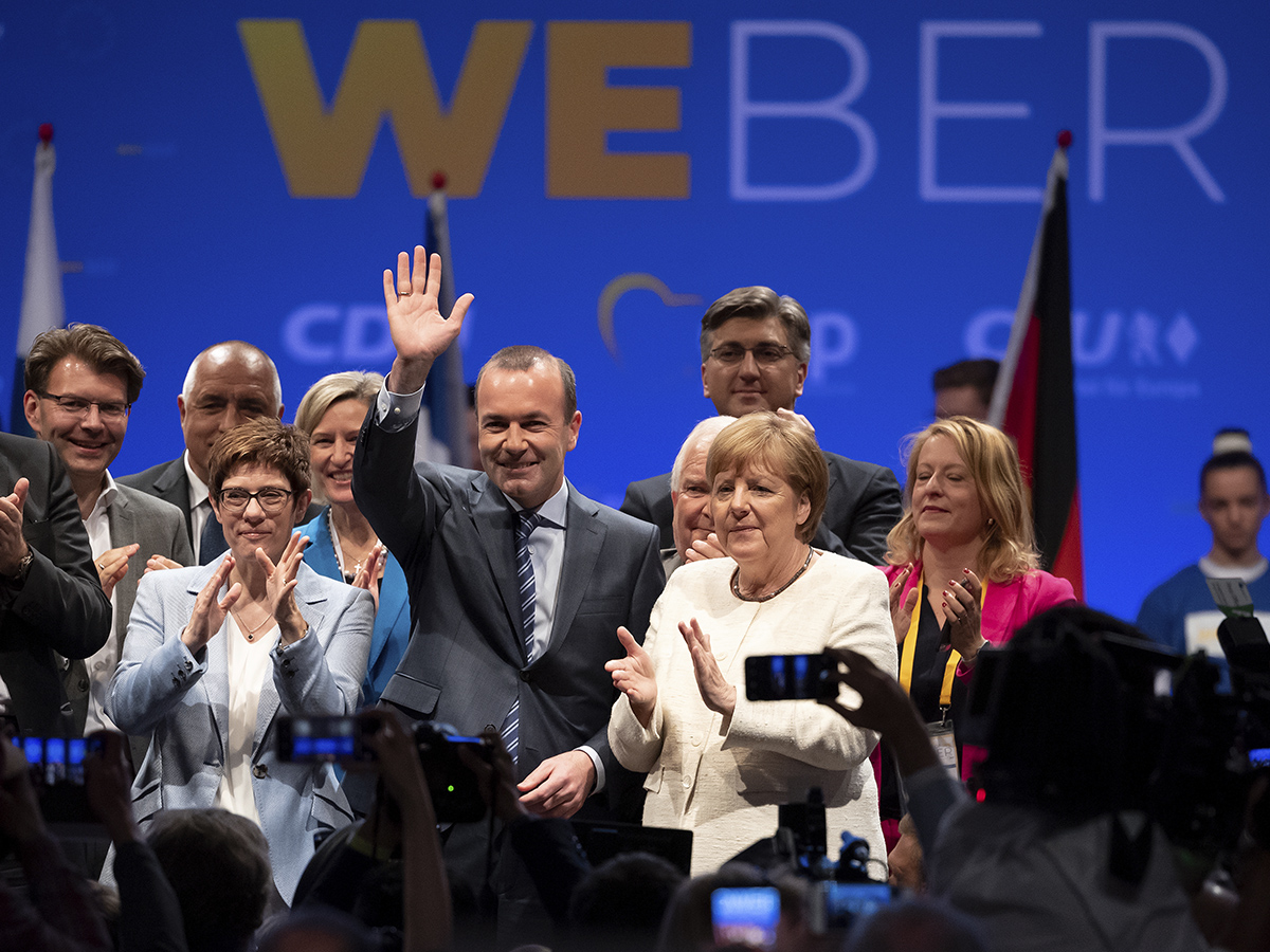 圖／2019/05/24 德國總理梅克爾（Angela Merkel）為歐洲人民黨（EPP）歐洲議會議員候選人韋伯（Manfred Weber）選戰站台（AP／達志影像）