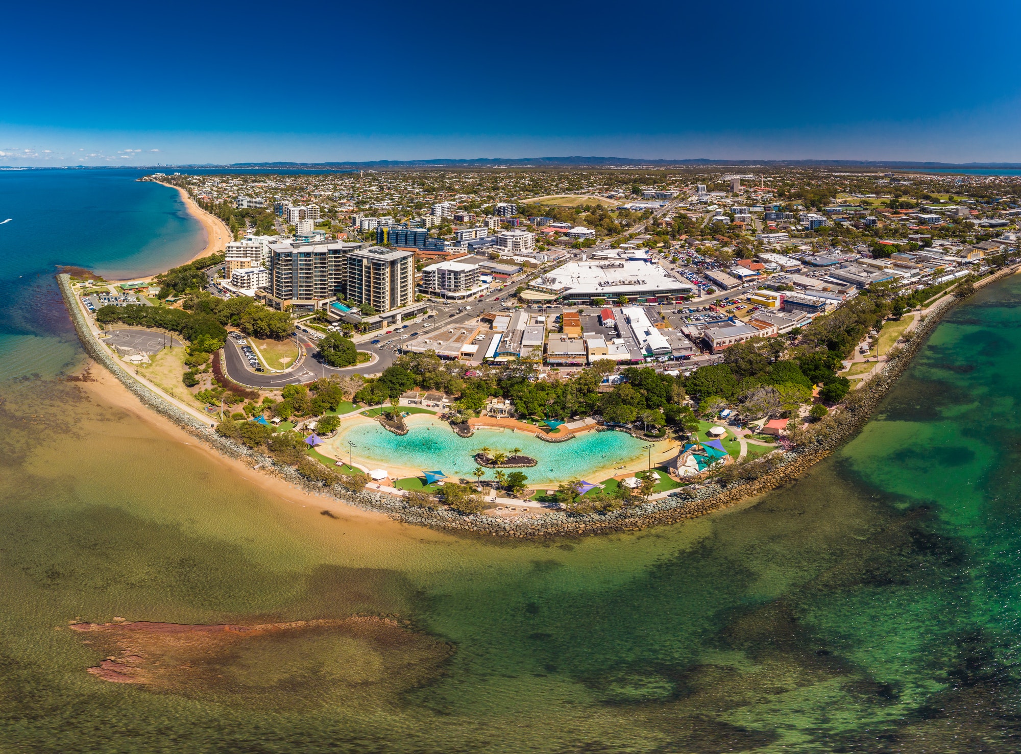 Aerial drone view of Settlement Cove Lagoon, Redcliffe, Australi