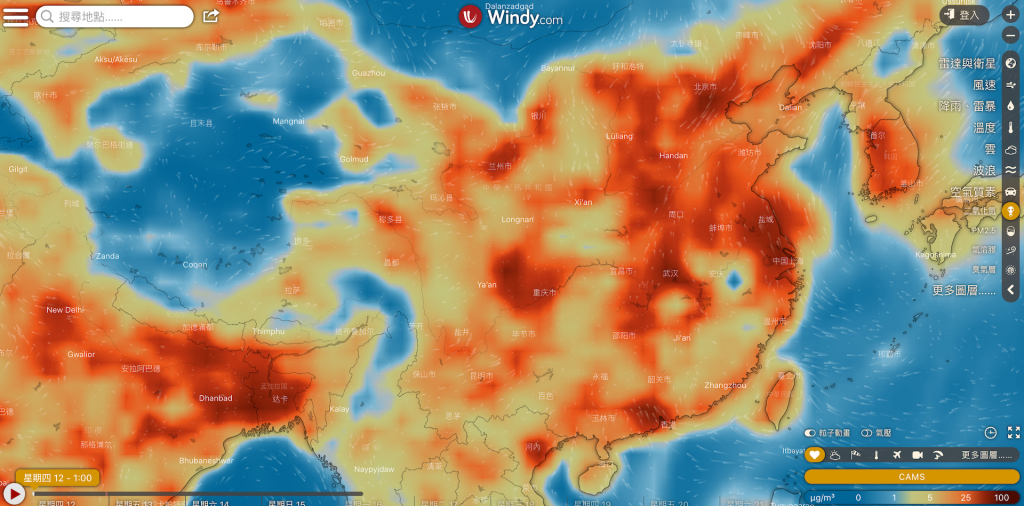 捷克天氣預測公司 Windy 的NO2資料（截圖自 Windy）