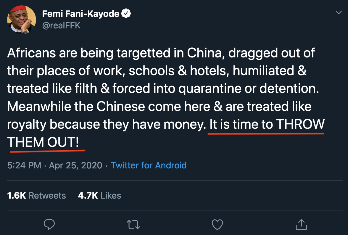 奈及利亞前航空部長法尼卡佑德（Femi Fani-Kayode）的推特