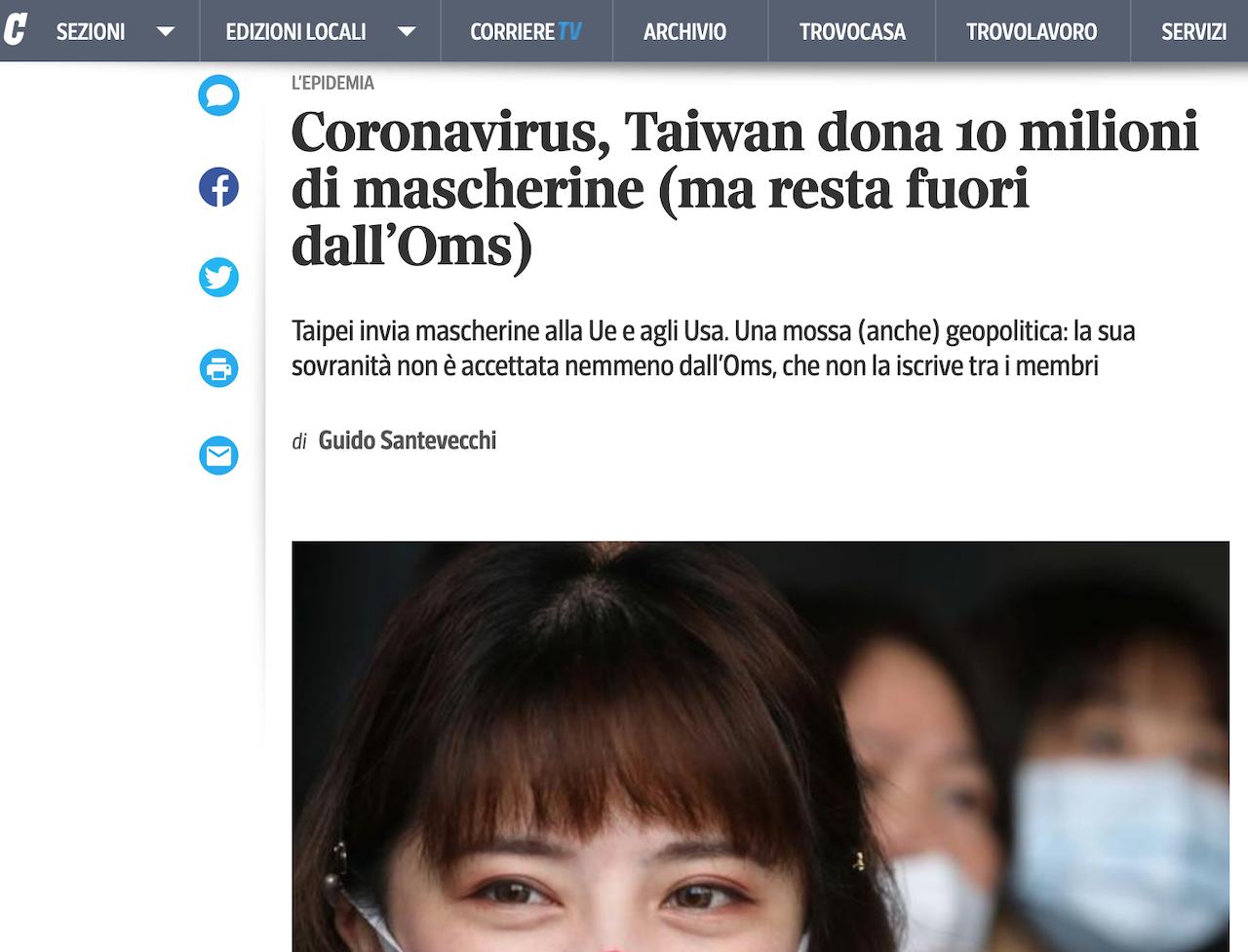 義大利晚郵報報導台灣捐贈歐美口罩（圖／義大利晚郵報官網）