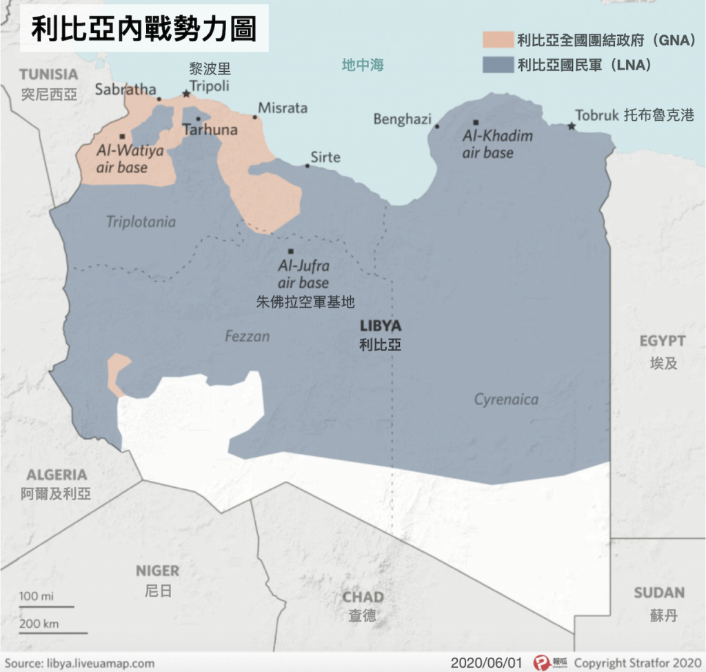 利比亞內戰勢力圖 2020-06-01（圖／Stratfor．報呱再製）