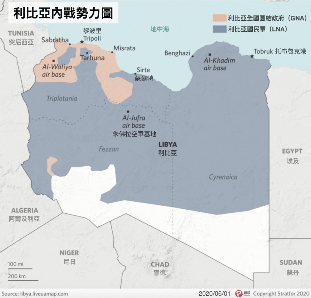 利比亞內戰勢力圖 2020-06-01（圖／Stratfor．報呱再製）