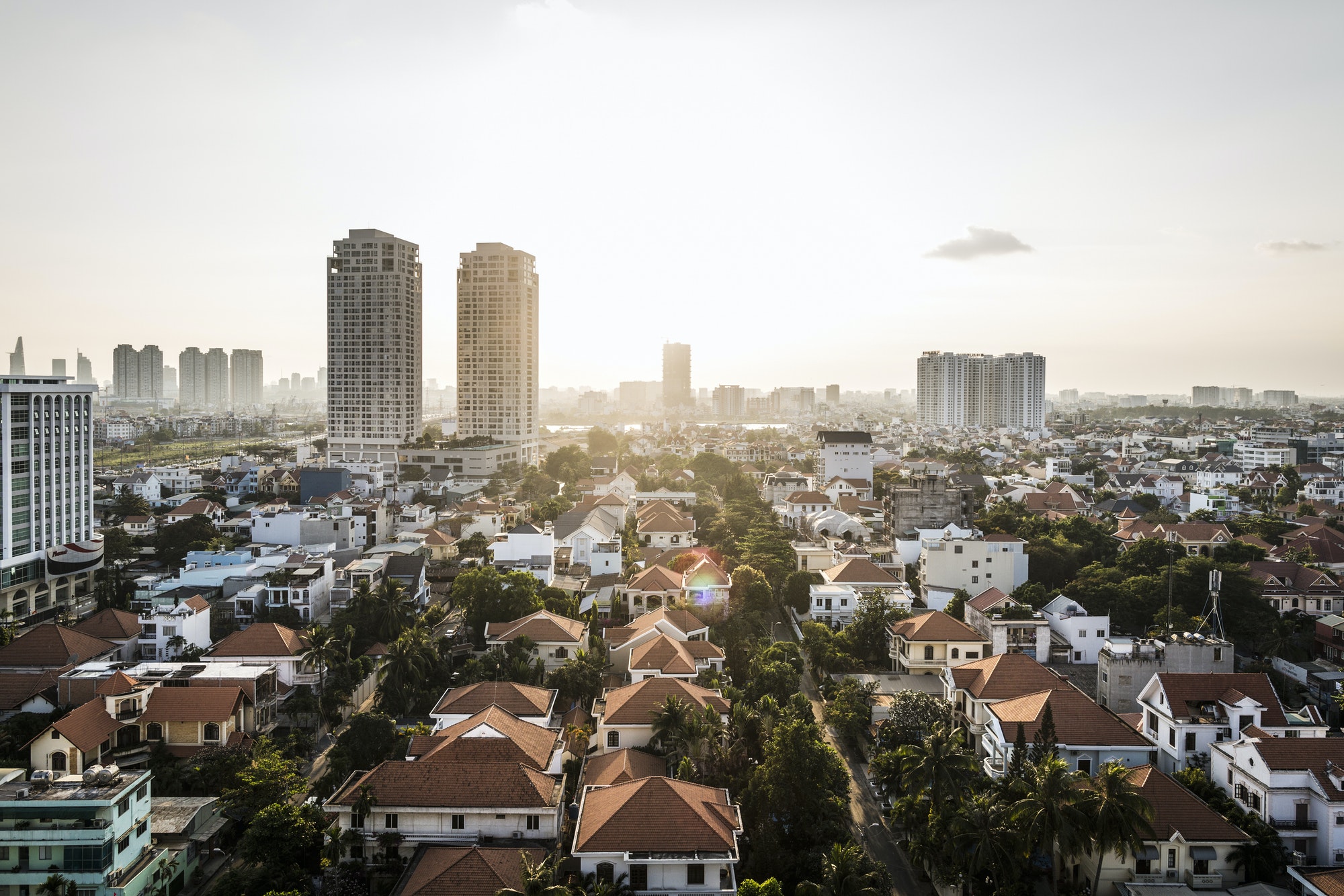 A view over District 2 and beyond, Ho Chi Minh City, Vietnam.