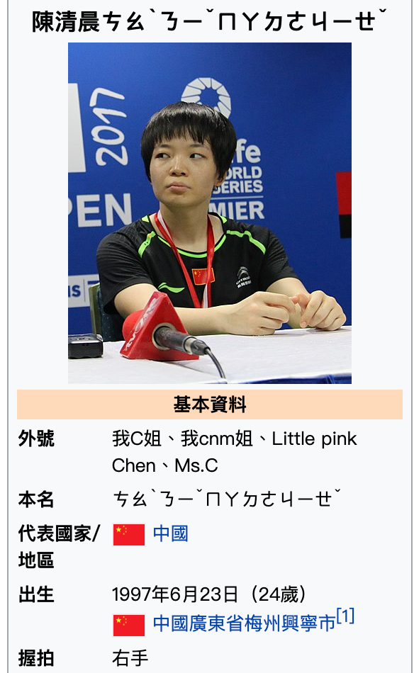 中國選手陳清晨居然在奧運比賽場上飆罵髒話，維基百科上也遭網友惡搞，以注音的方式諷刺陳清晨是：「操你他媽的姐」。 （圖／擷取自維基百科）