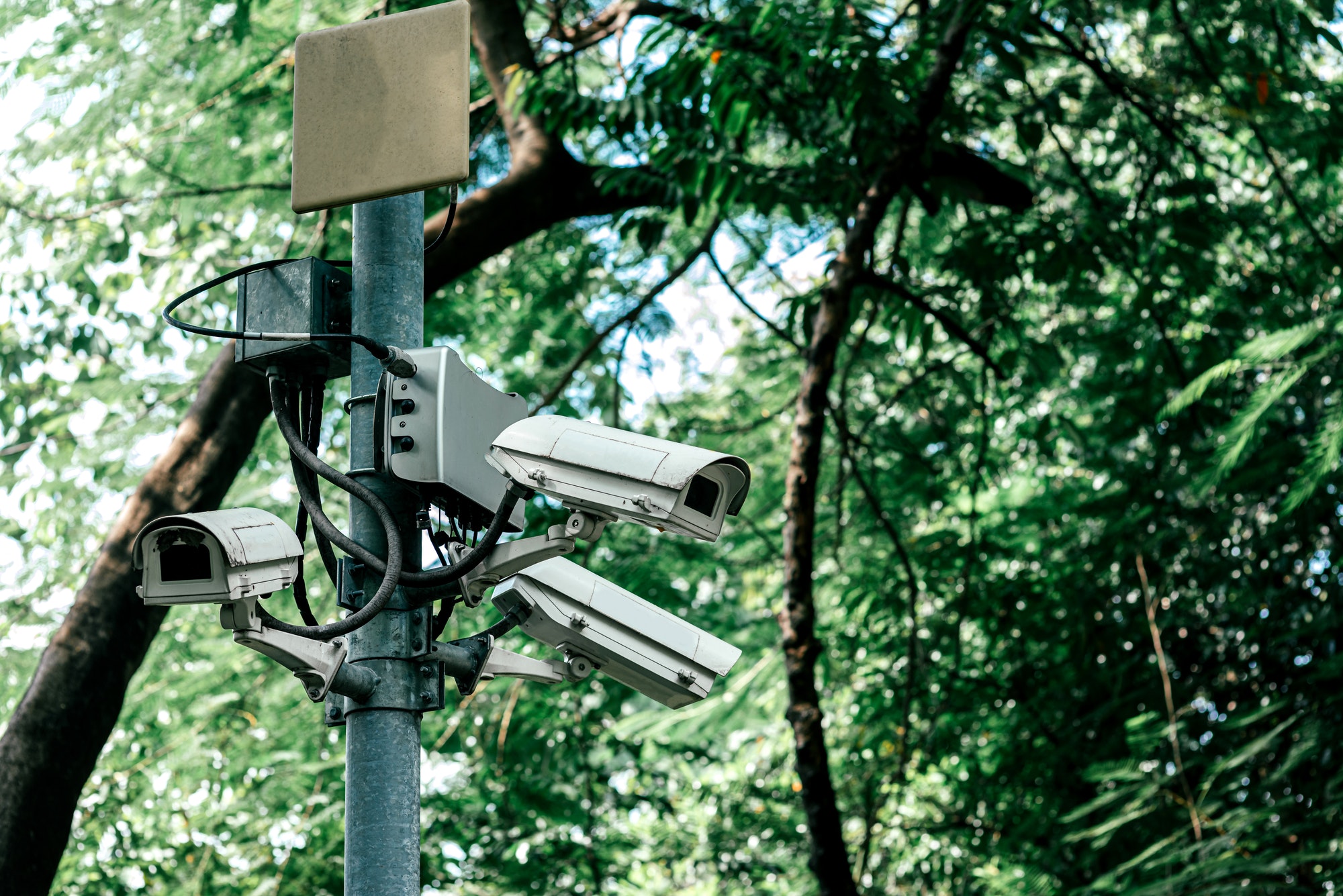 Everything is under control. Observation cameras on a column in the city park.