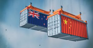 Two freight container with New Zealand and China flag