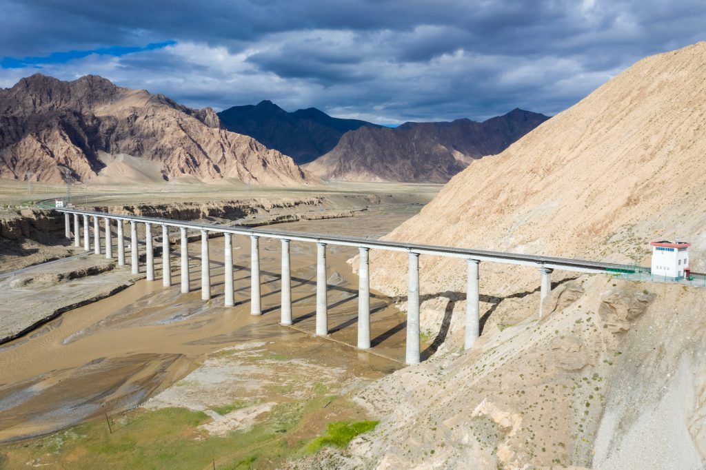 aerial view of railway bridge on qinghai-tibet plateau