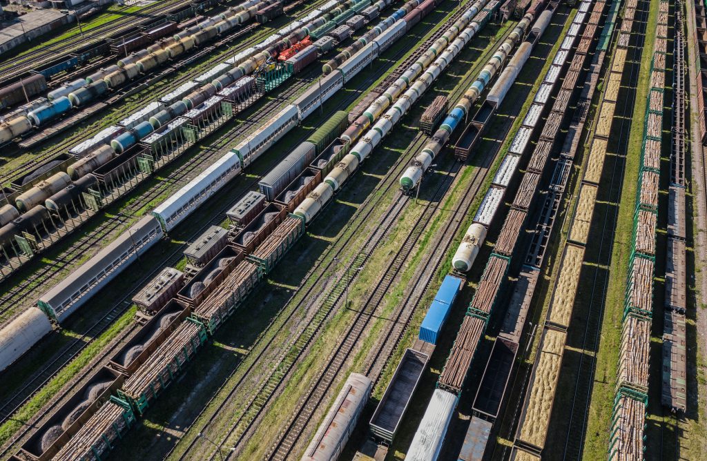 Aerial view of colorful freight wagons