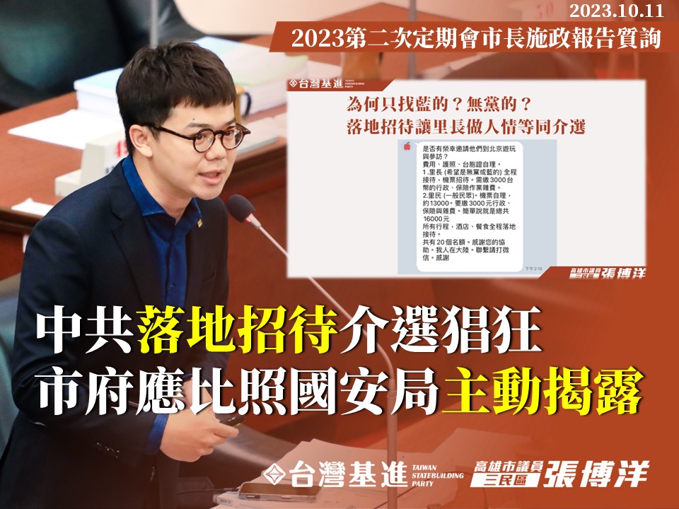 張博洋於市長施政質詢中,呼籲市府應主動徹查「中共落地招待團」,避免讓無聲統戰有機會介選,進一步傷害台灣民主。/圖:張博洋臉書提供