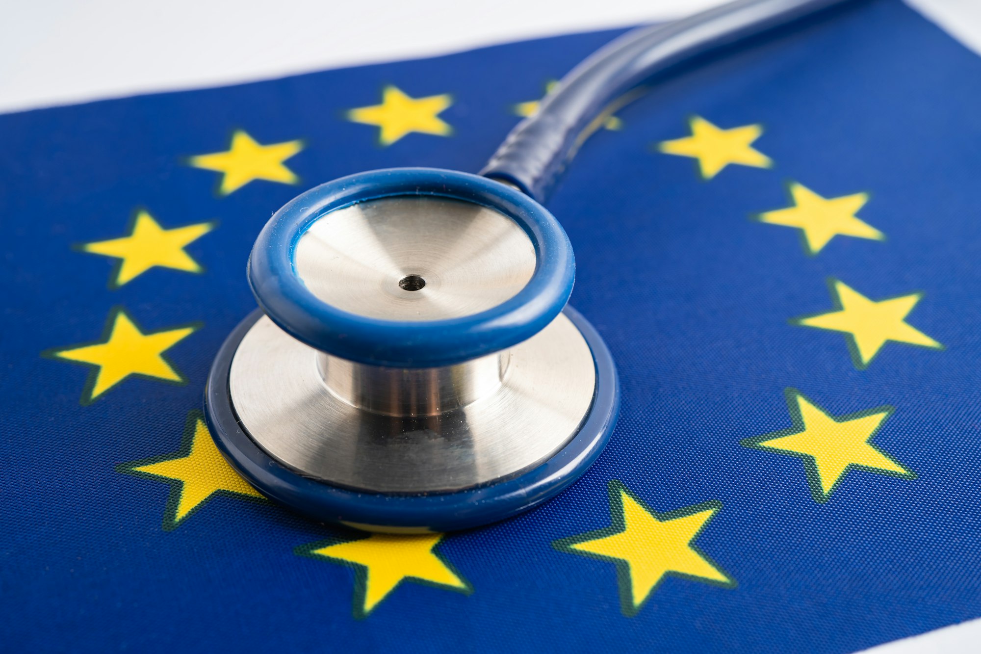 Stethoscope on EU flag background, Business and finance concept.