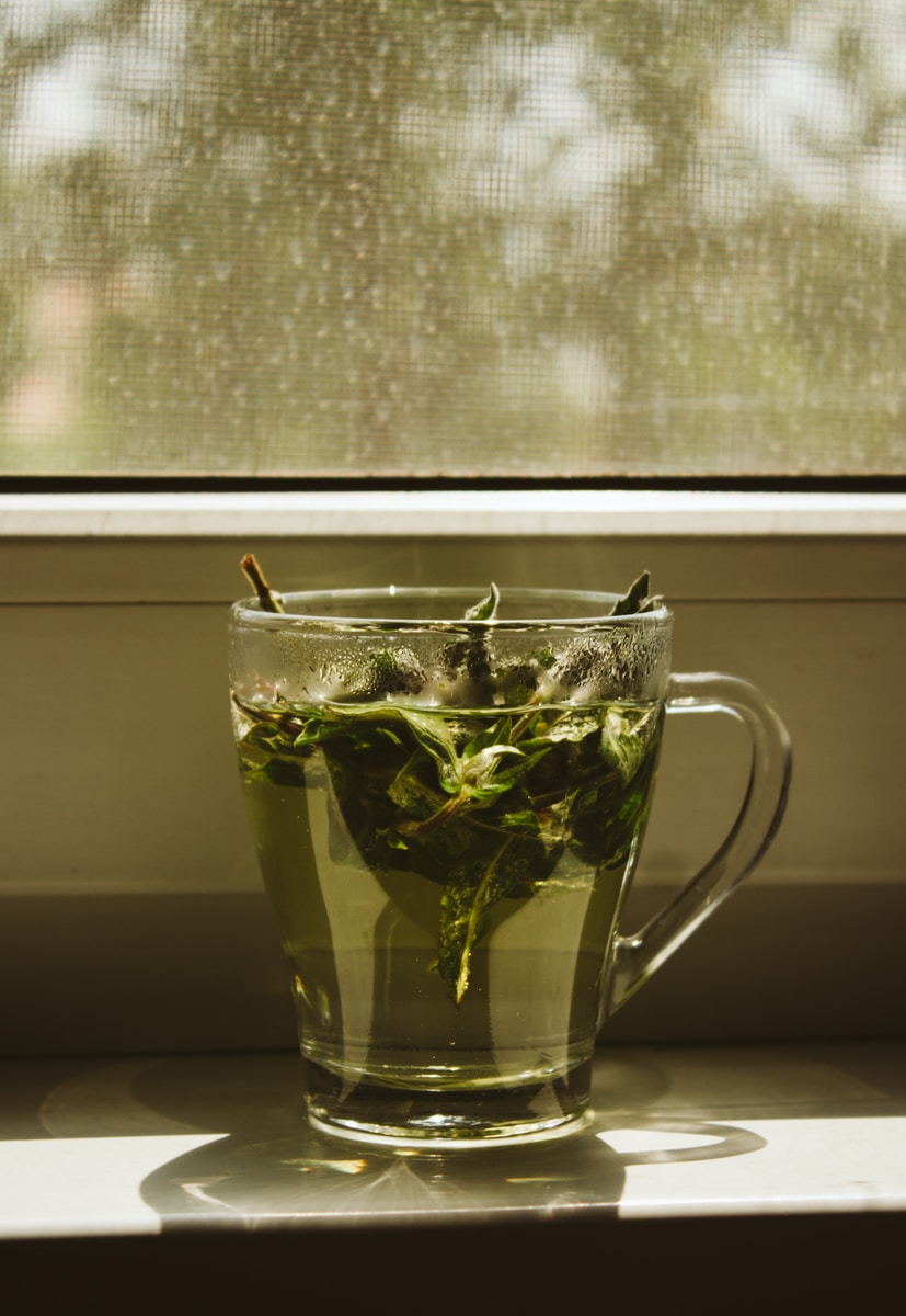 chá verde no copo de vidro