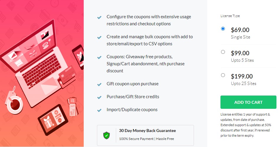 Picture showing the pricing plan of Smart Coupon by Webtoffee