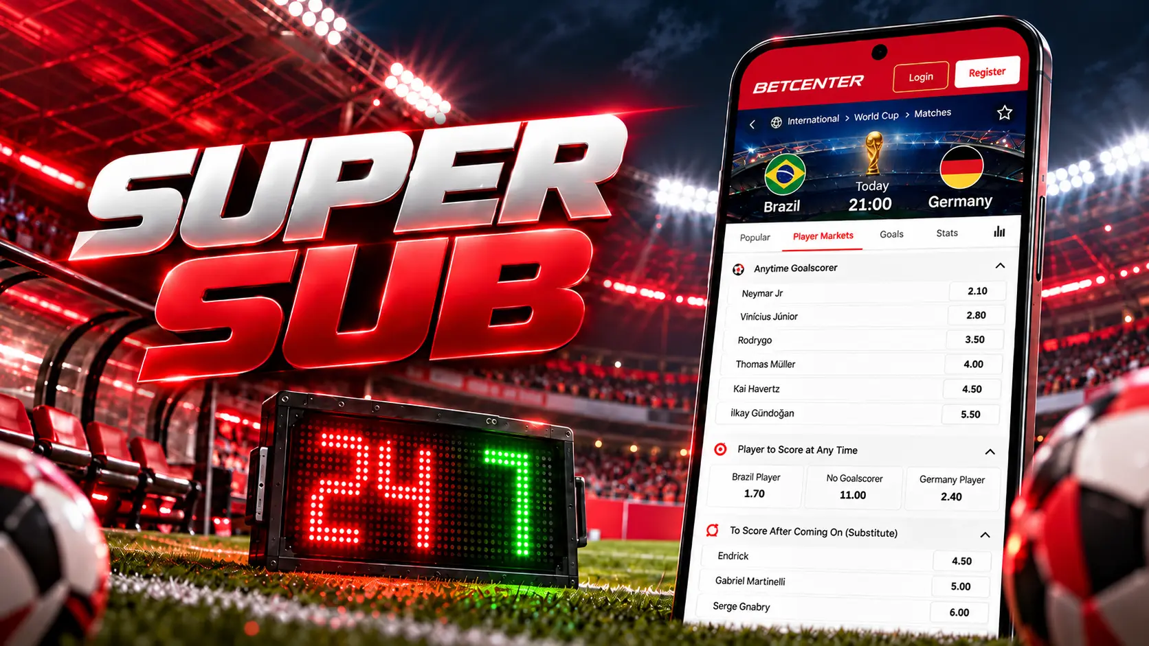 Super Sub promotie: wisselbord in een rood stadion