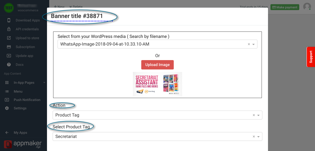WooCommerce app builder Wigets action
